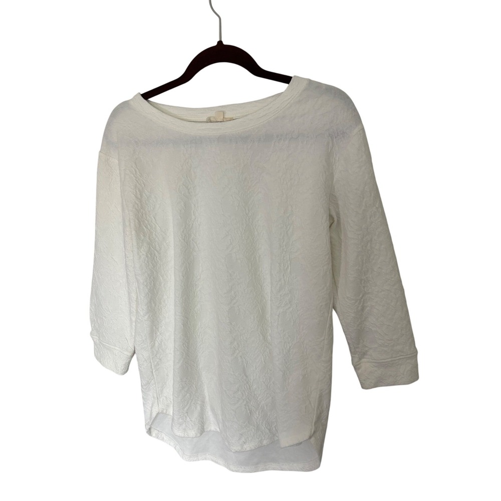 Jane and Delancey Womens White Textured Crinkle Knit Top 3/4 Sleeve Slit Cuff S
